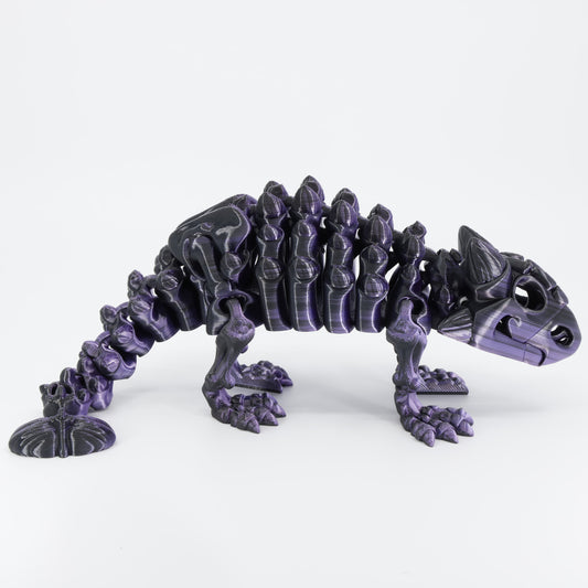 Side view of the Australian made articulated Ankylosaurus skeleton, emphasizing the low profile and flexi spine movement.