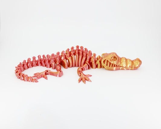 Side view of the Australian made articulated crocodile skeleton, emphasizing the low-slung body and flexi spine movement.