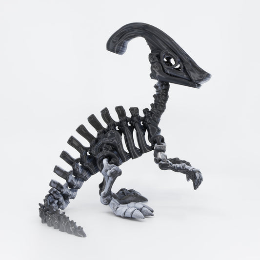 Side view of the Australian made articulated Parasaurolophus skeleton, emphasizing the curved crest and flexi spine movement.