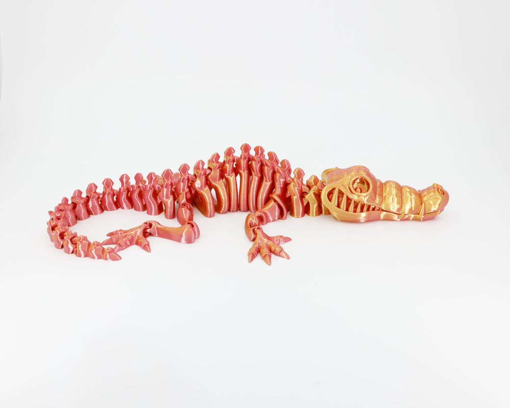 Side view of the Australian made articulated crocodile skeleton, emphasizing the low-slung body and flexi spine movement.