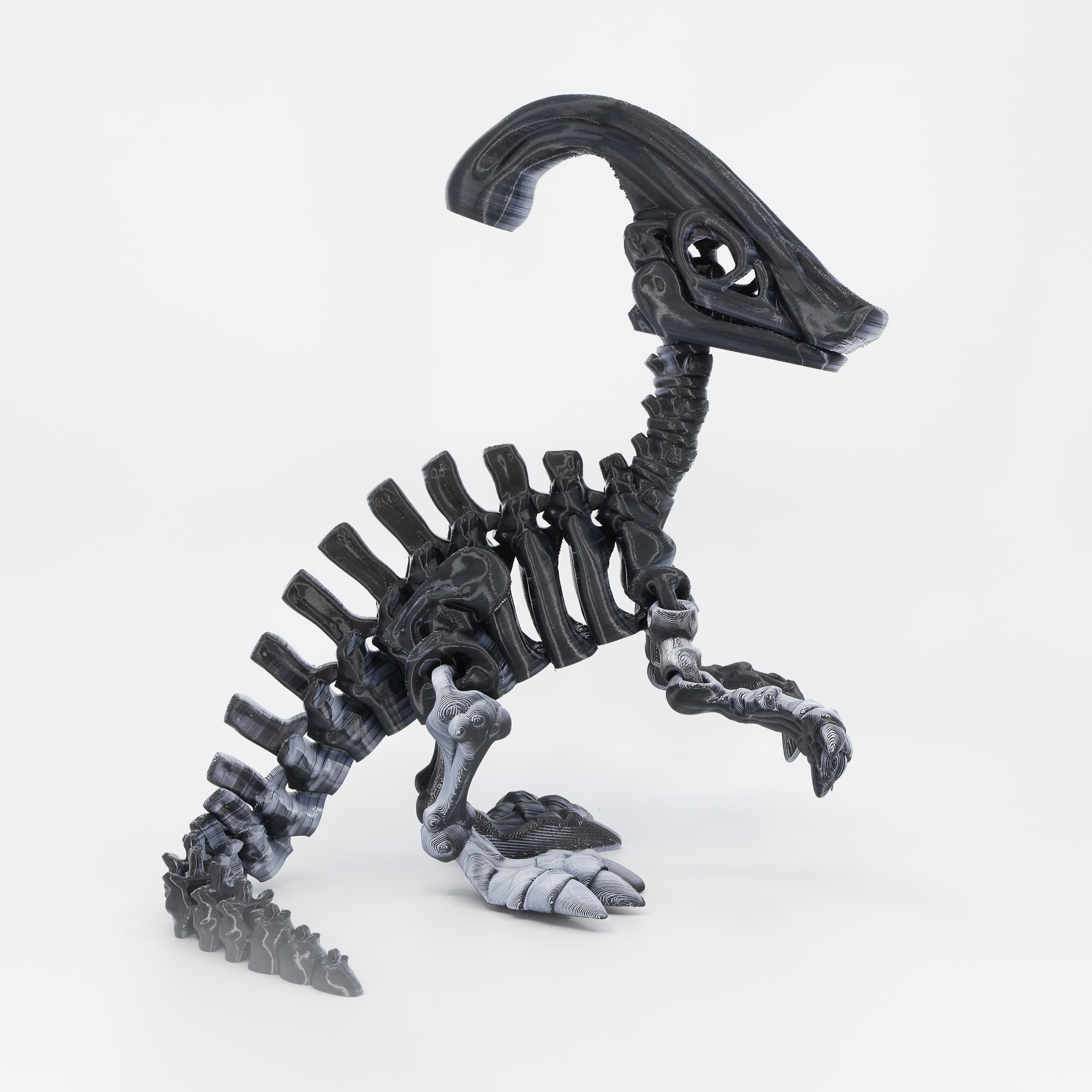 Side view of the Australian made articulated Parasaurolophus skeleton, emphasizing the curved crest and flexi spine movement.