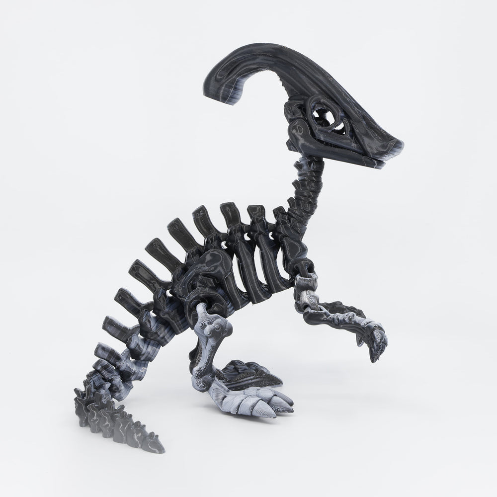 Side view of the Australian made articulated Parasaurolophus skeleton, emphasizing the curved crest and flexi spine movement.