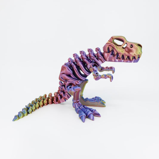 Side view of the Australian made articulated T-Rex skeleton, emphasizing the spine's flexibility and 3d printing segments