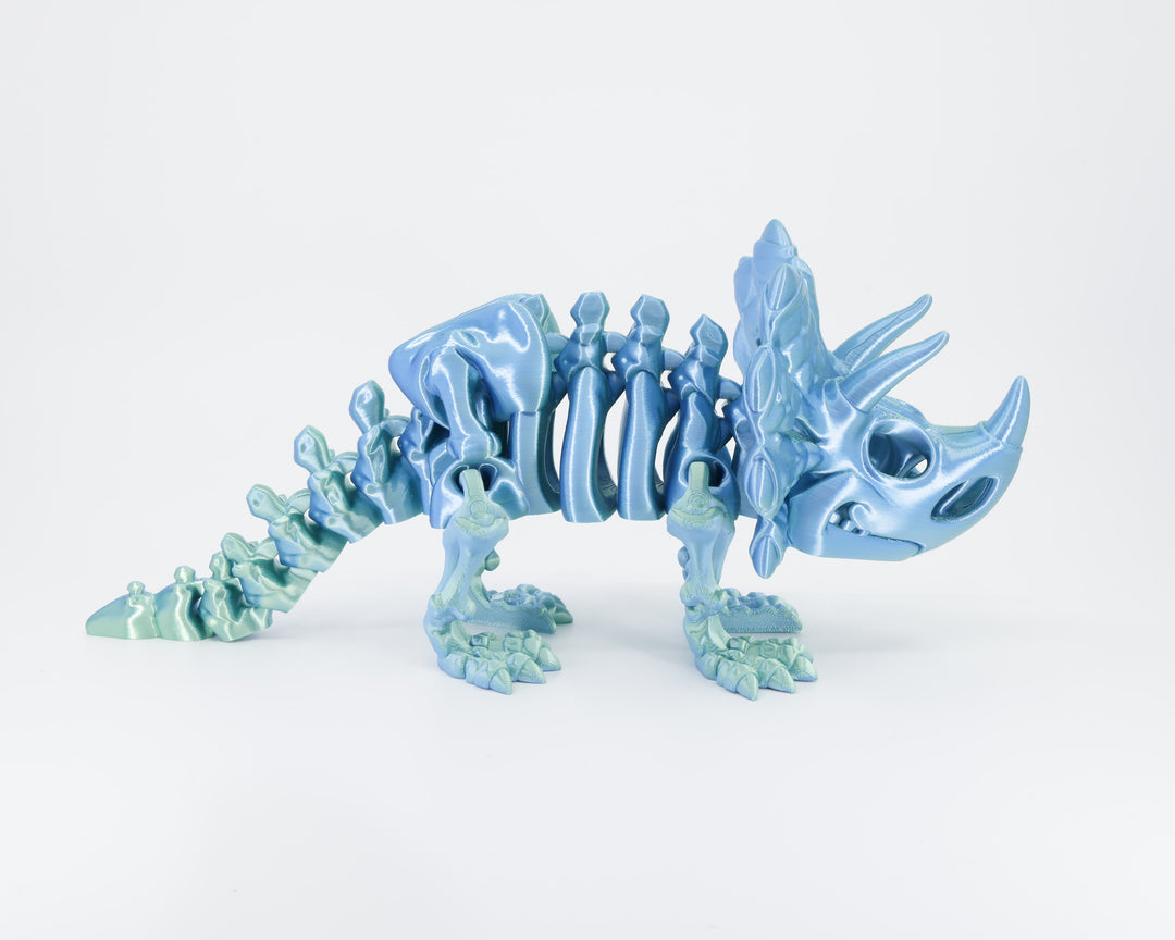 Side view of the Australian made articulated Triceratops skeleton, emphasizing the sturdy body shape and flexi spine.