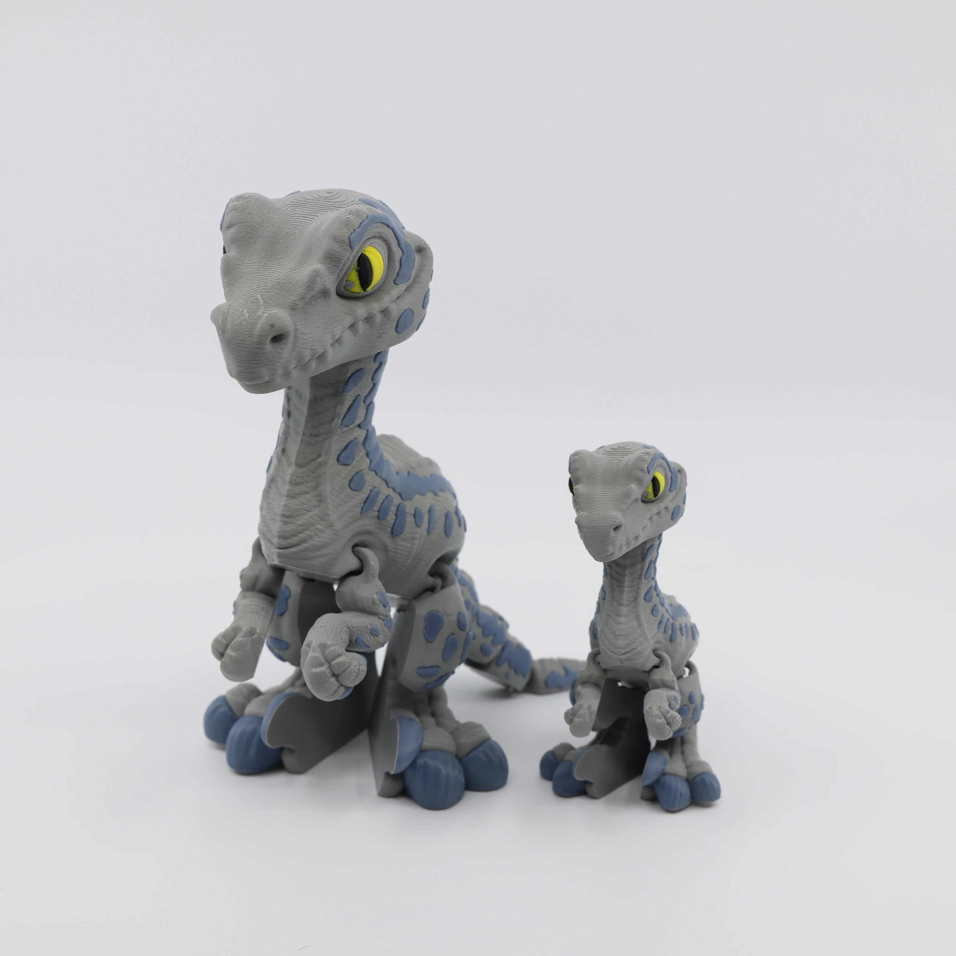 Two articulated Velociraptor fidgets posed together – sensory dinosaur fidget pair