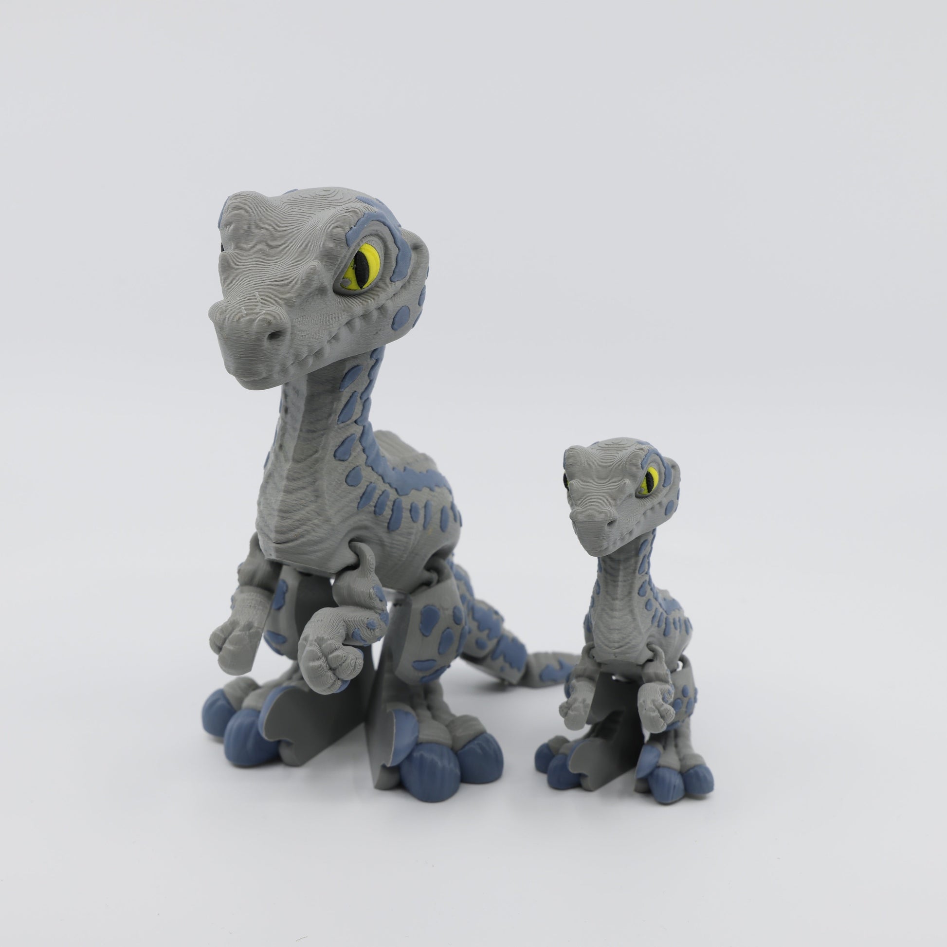 Two articulated Velociraptor fidgets posed together – sensory dinosaur fidget pair