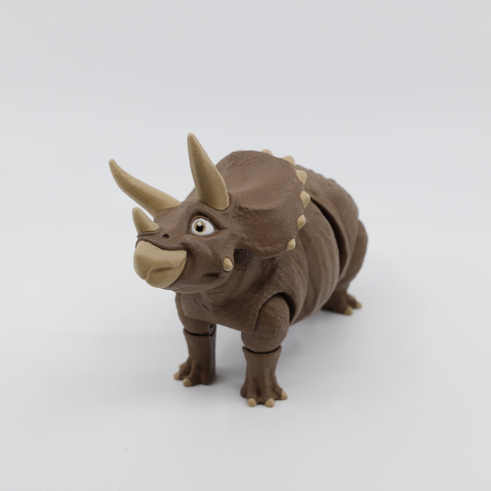Front view of brown Triceratops fidget – articulated sensory dinosaur