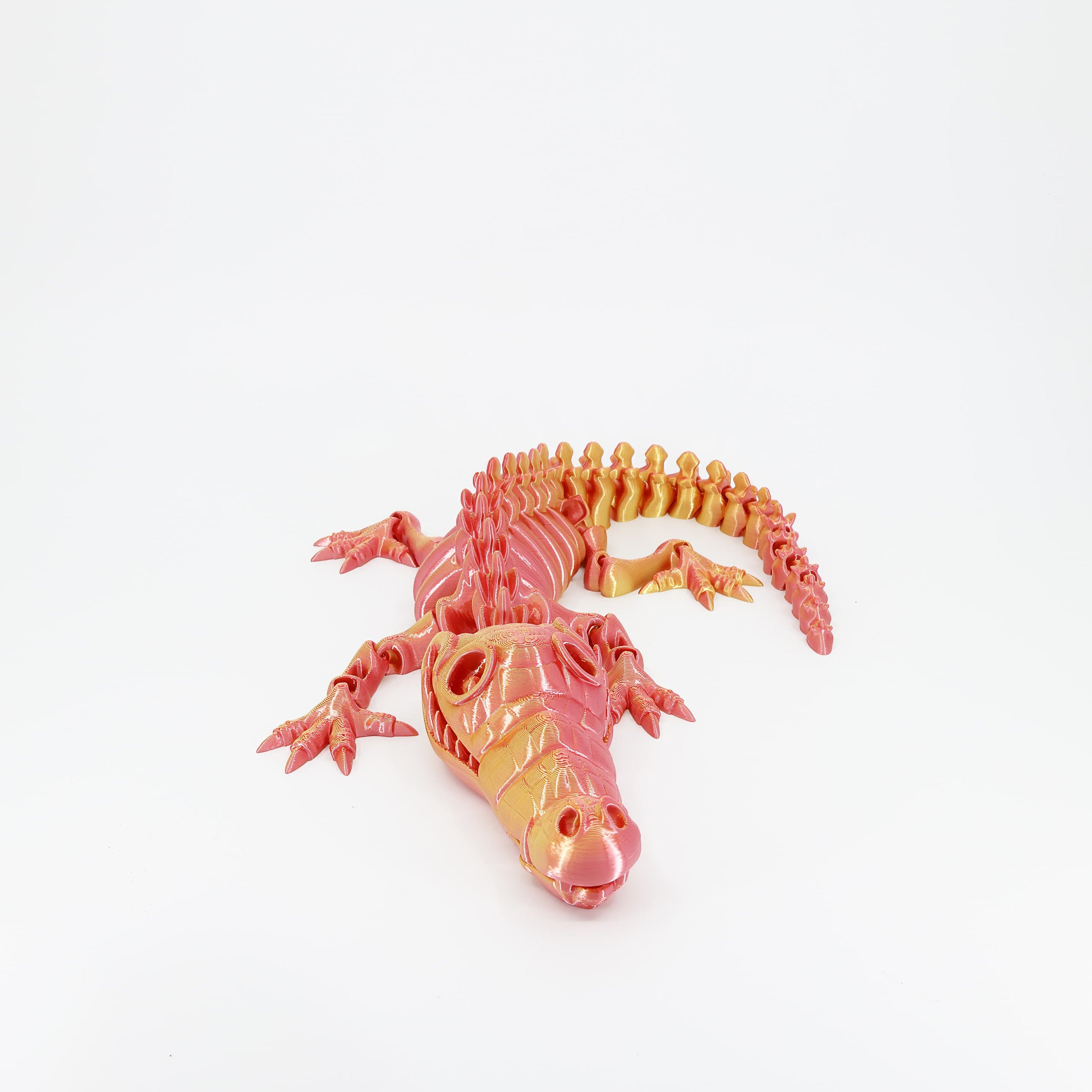 Flexi 3D printed skeleton crocodile toy shown from the front. Highlights the long skeletal snout.
