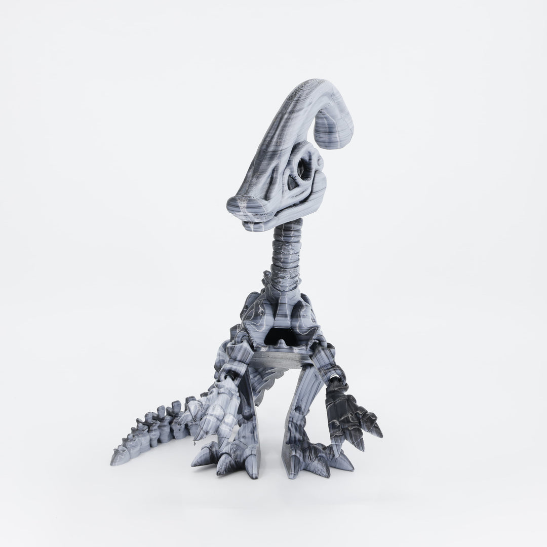 Flexi 3D printed dinosaur skeleton Parasaurolophus shown from the front. Highlights the iconic head crest and articulated rib cage.