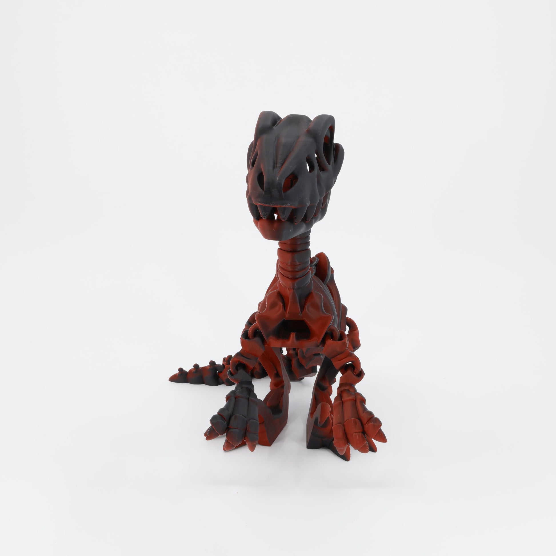 Flexi 3D printed dinosaur skeleton Raptor shown from the front. Highlights the sharp teeth and articulated claw detail.