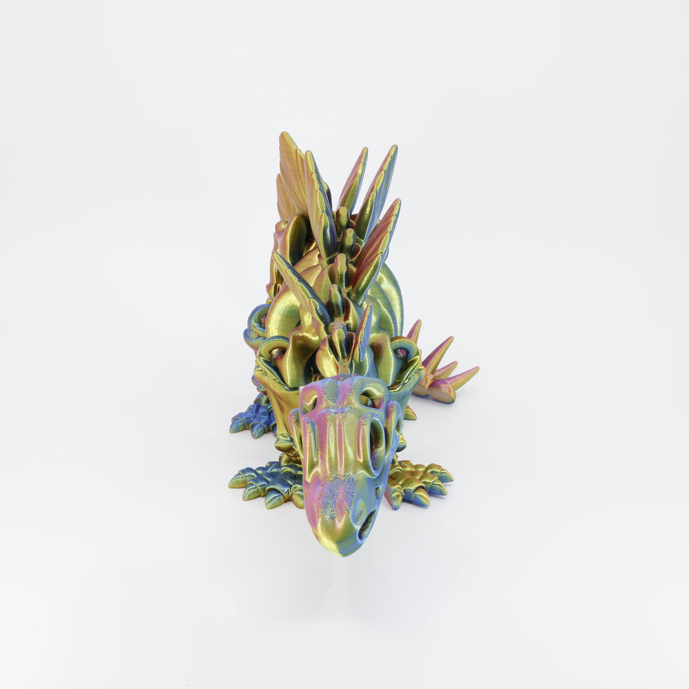 Flexi 3D printed dinosaur skeleton Stegosaurus shown from the front. Highlights the rows of plates and articulated head.